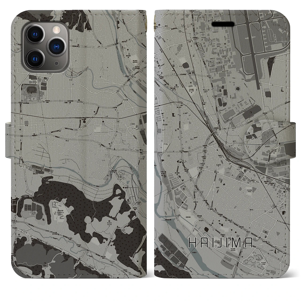 【拝島(東京都)】地図柄iPhoneケース(手帳タイプ)モノトーン・iPhone 11 Pro Max 用