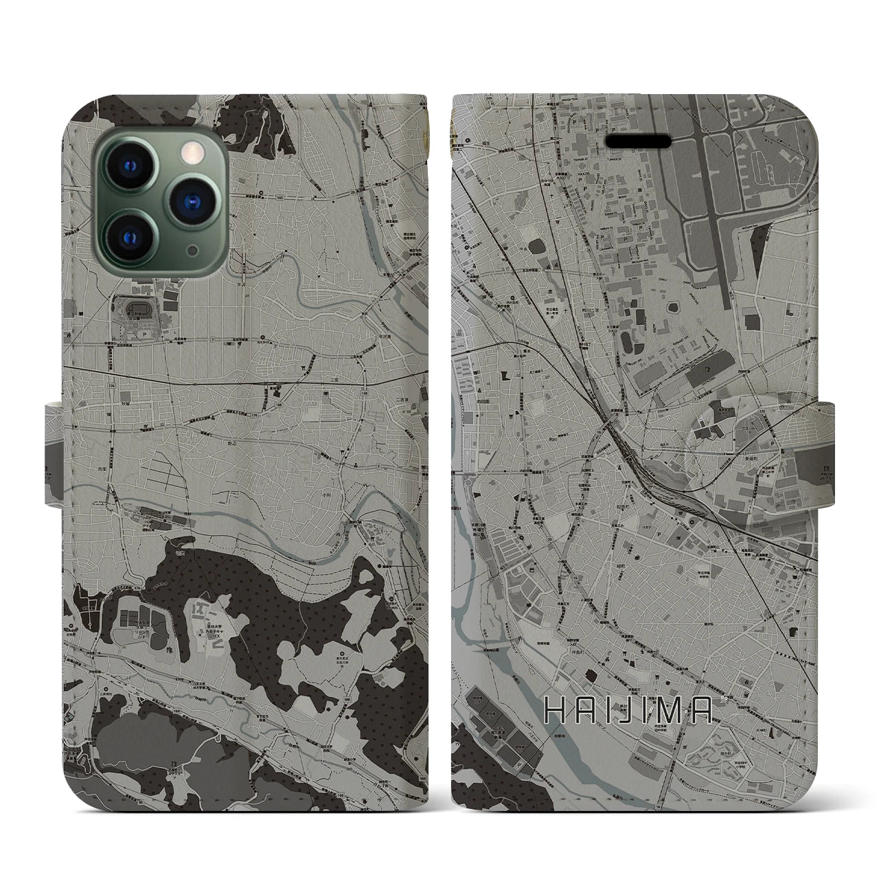 【拝島(東京都)】地図柄iPhoneケース(手帳タイプ)モノトーン・iPhone 11 Pro 用