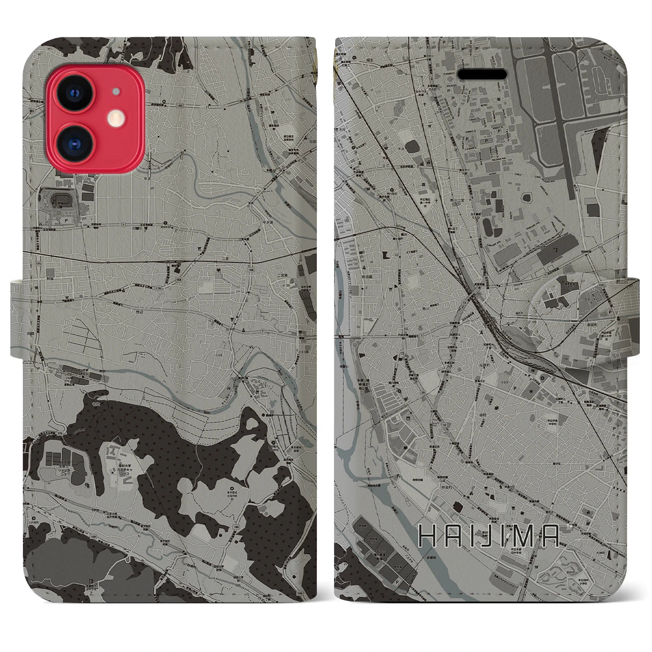 【拝島(東京都)】地図柄iPhoneケース(手帳タイプ)モノトーン・iPhone 11 用