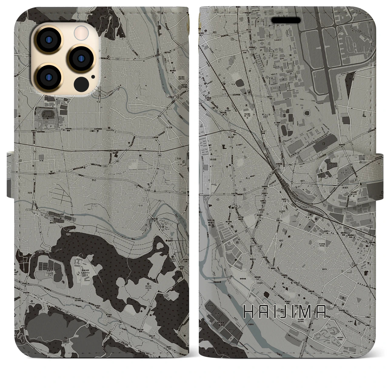【拝島(東京都)】地図柄iPhoneケース(手帳タイプ)モノトーン・iPhone 12 Pro Max 用