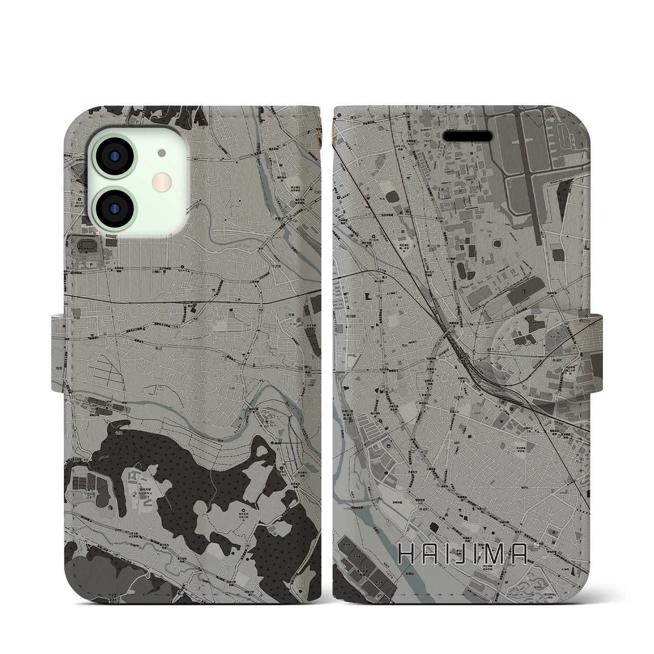 【拝島(東京都)】地図柄iPhoneケース(手帳タイプ)モノトーン・iPhone 12 mini 用