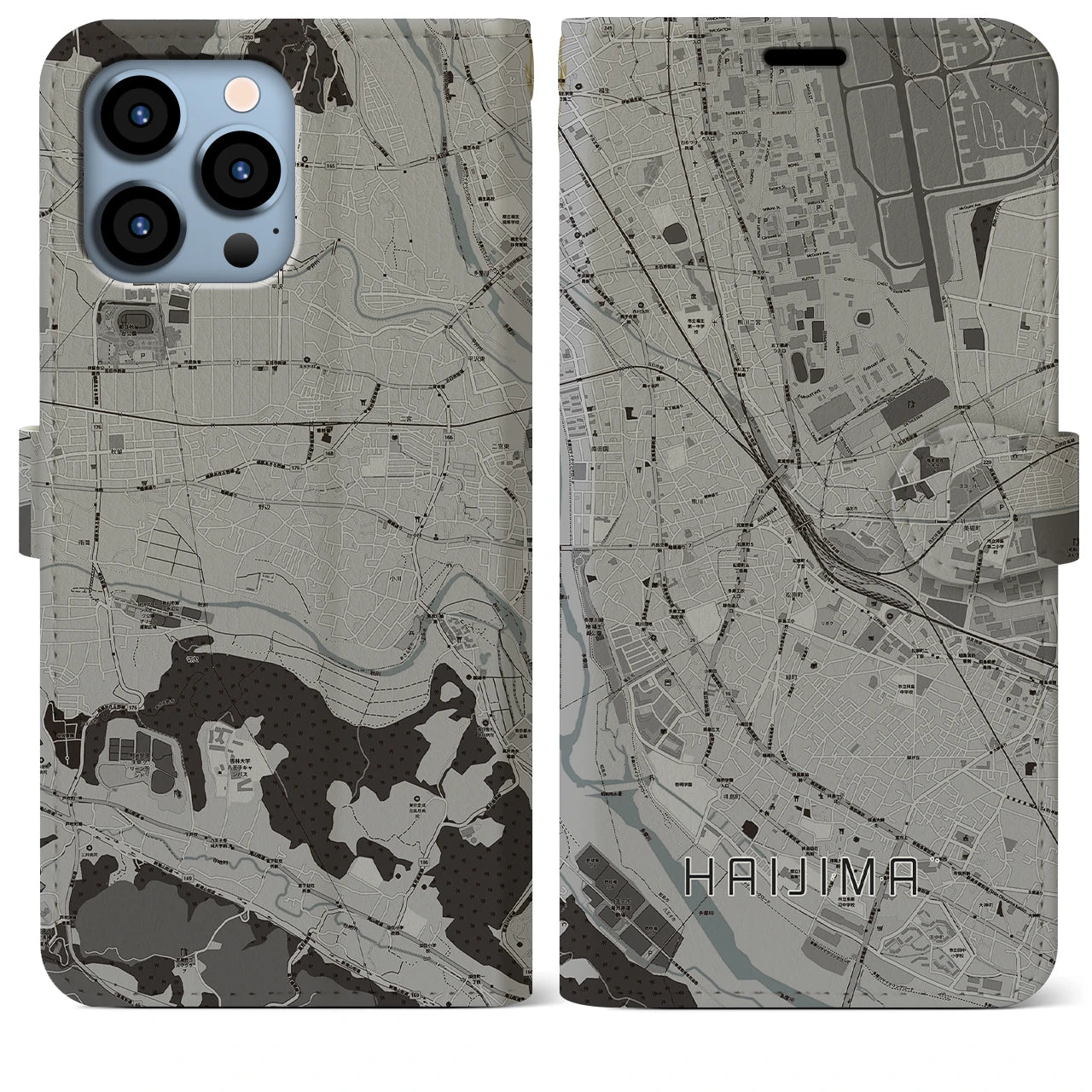 【拝島(東京都)】地図柄iPhoneケース(手帳タイプ)モノトーン・iPhone 13 Pro Max 用
