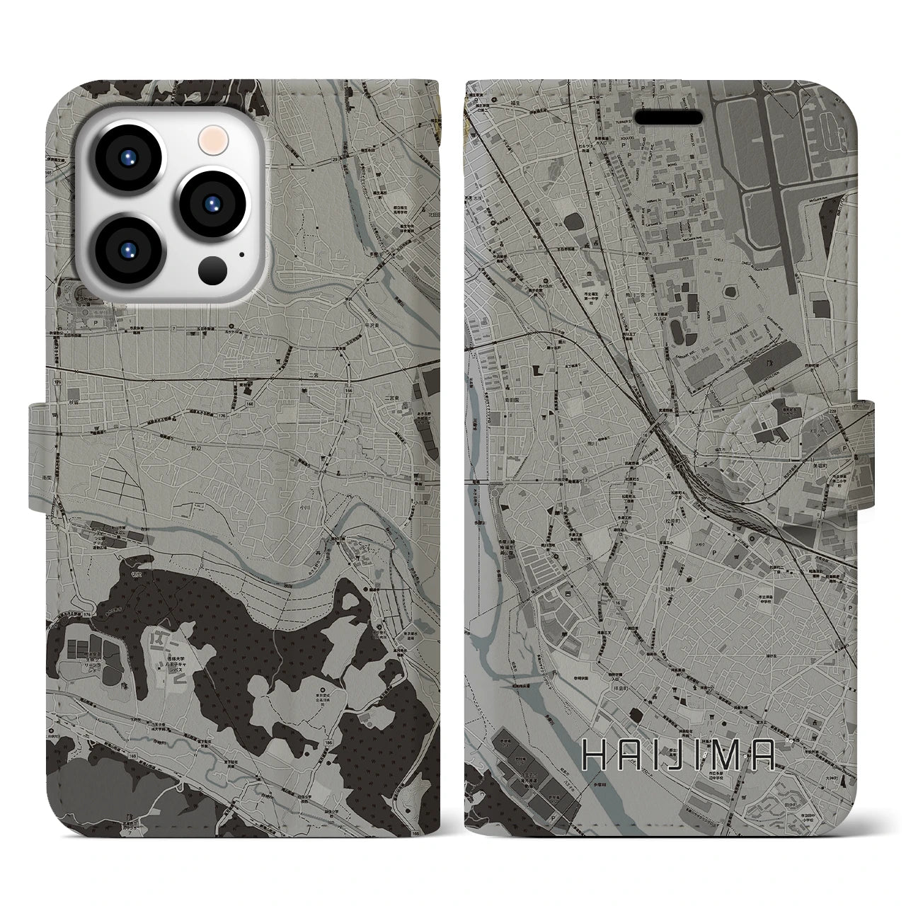 【拝島(東京都)】地図柄iPhoneケース(手帳タイプ)モノトーン・iPhone 13 Pro 用