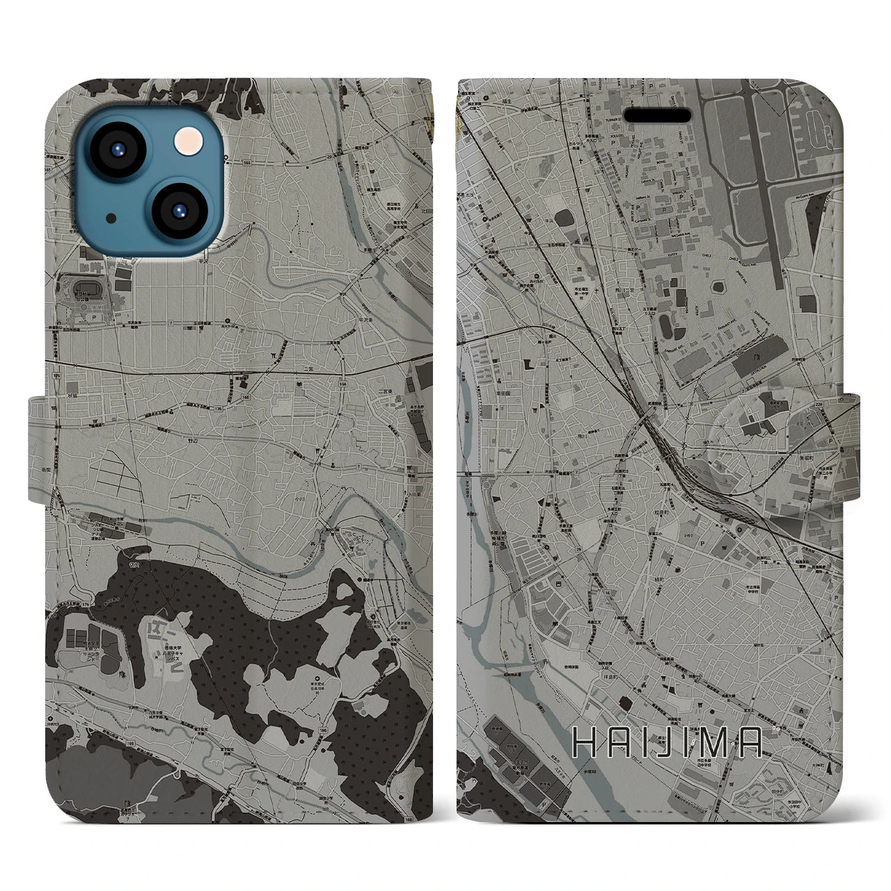 【拝島(東京都)】地図柄iPhoneケース(手帳タイプ)モノトーン・iPhone 13 用
