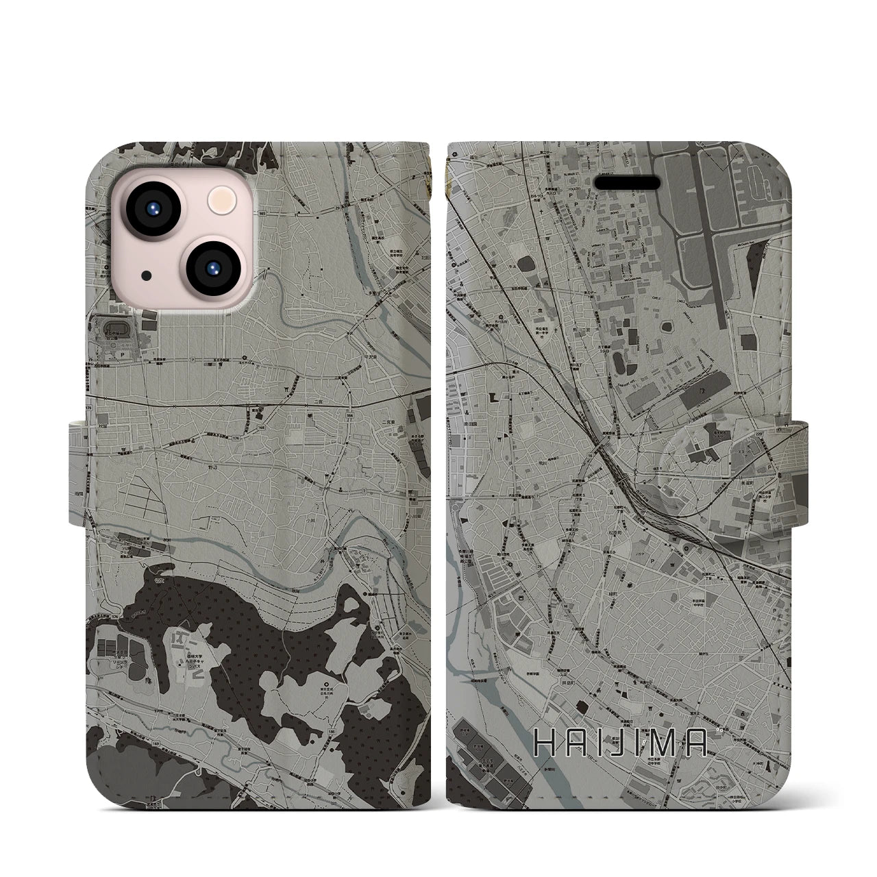 【拝島(東京都)】地図柄iPhoneケース(手帳タイプ)モノトーン・iPhone 13 mini 用