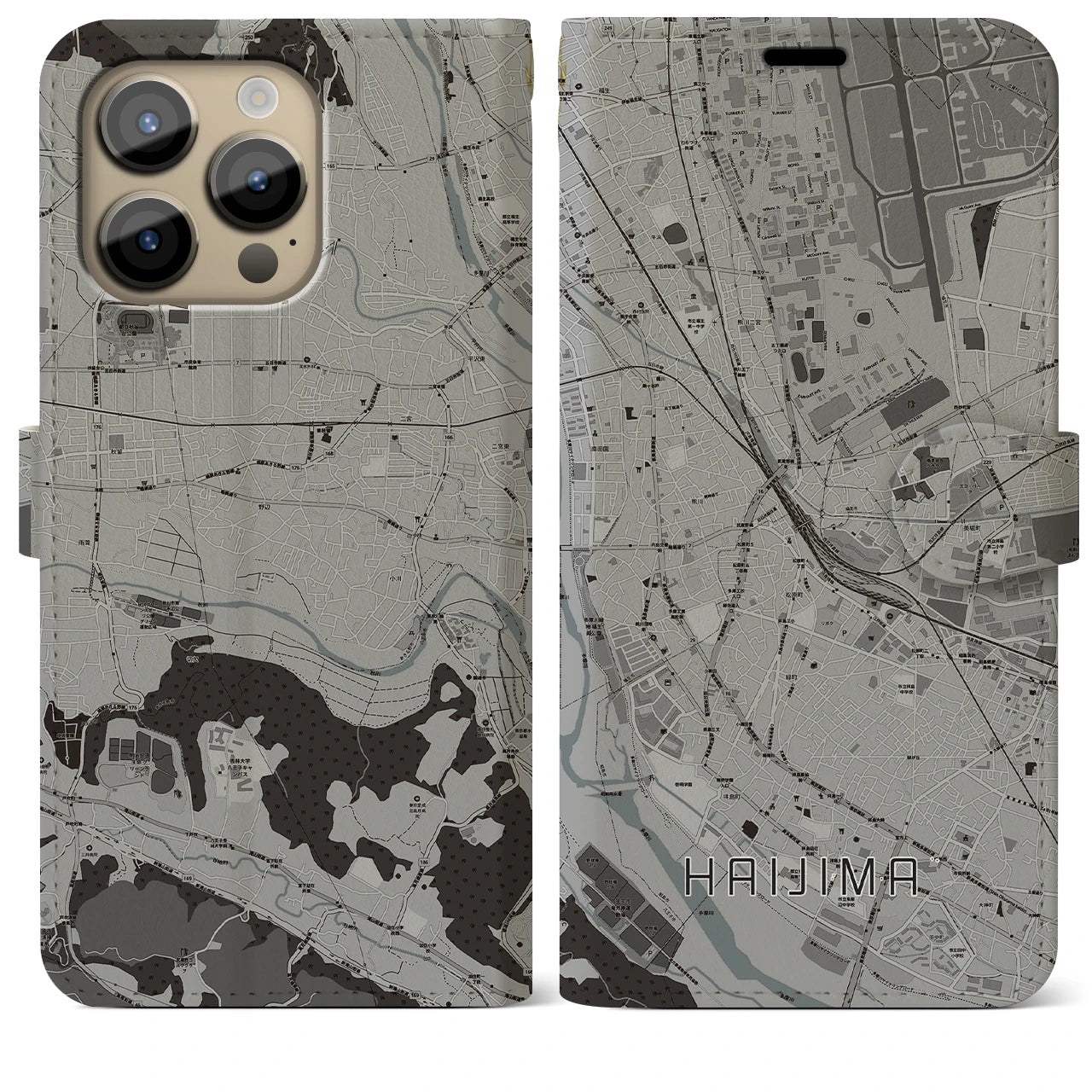 【拝島(東京都)】地図柄iPhoneケース(手帳タイプ)モノトーン・iPhone 14 Pro Max 用