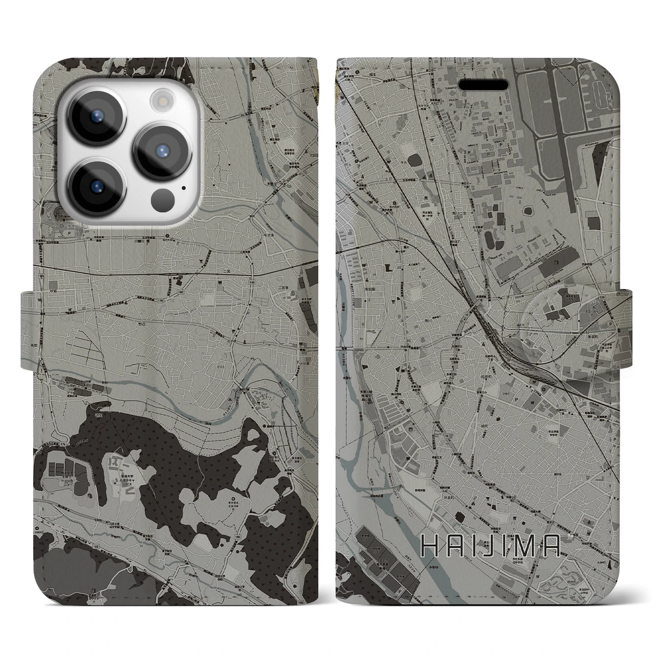 【拝島(東京都)】地図柄iPhoneケース(手帳タイプ)モノトーン・iPhone 14 Pro 用