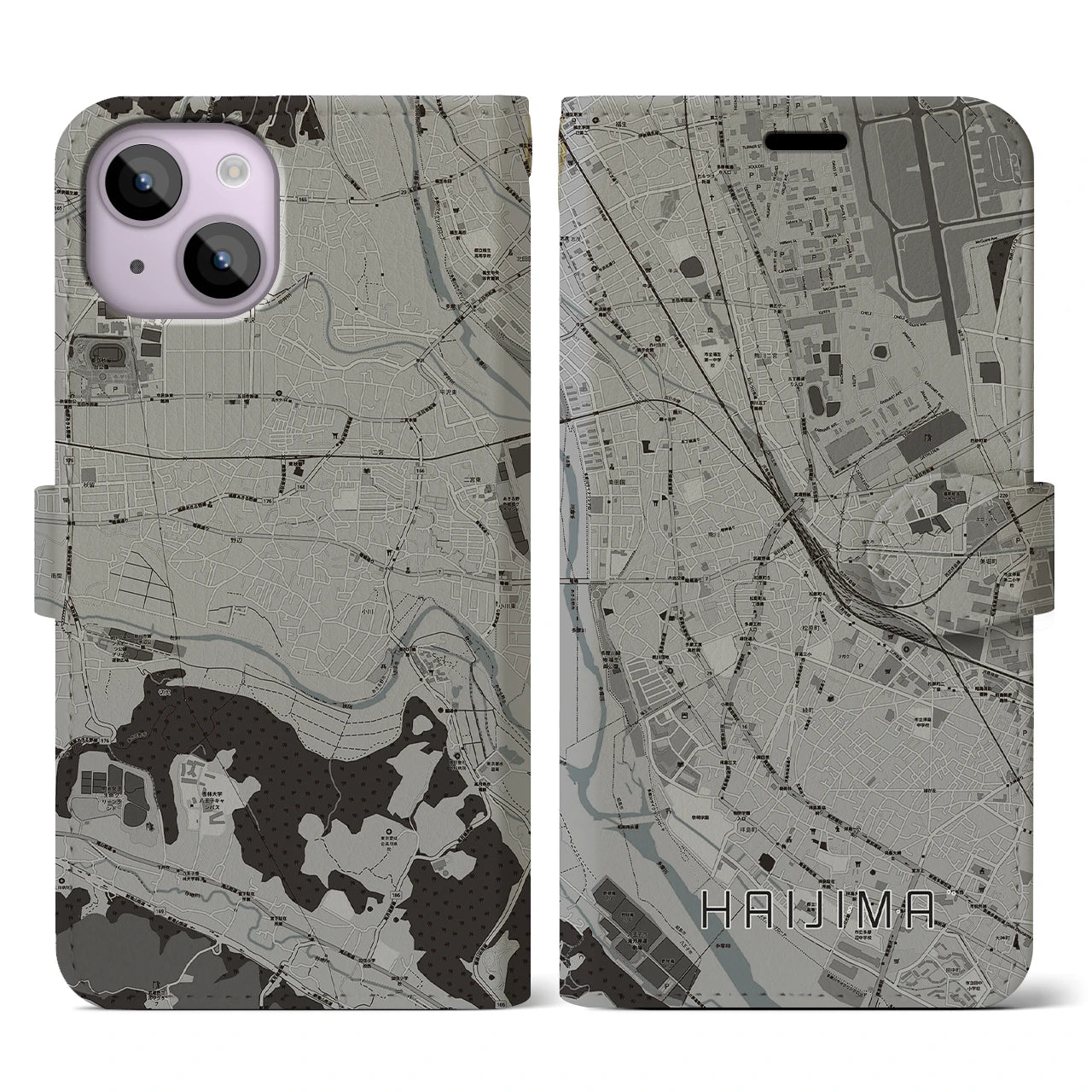 【拝島(東京都)】地図柄iPhoneケース(手帳タイプ)モノトーン・iPhone 14 用
