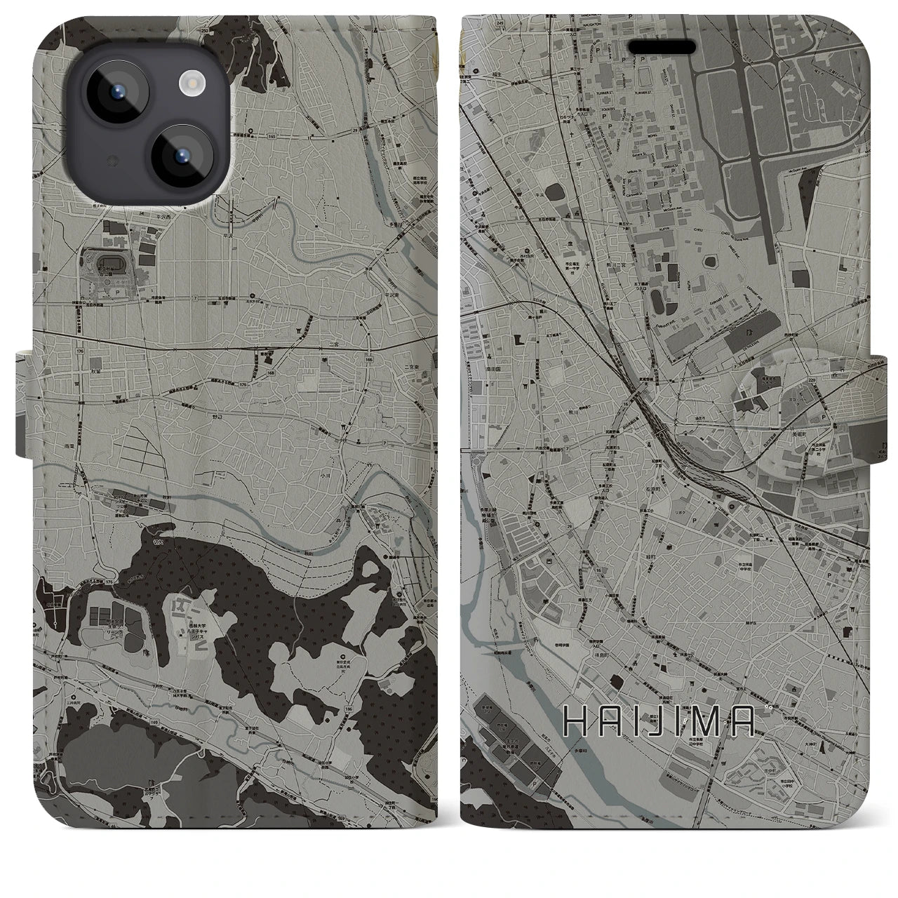 【拝島(東京都)】地図柄iPhoneケース(手帳タイプ)モノトーン・iPhone 14 Plus 用