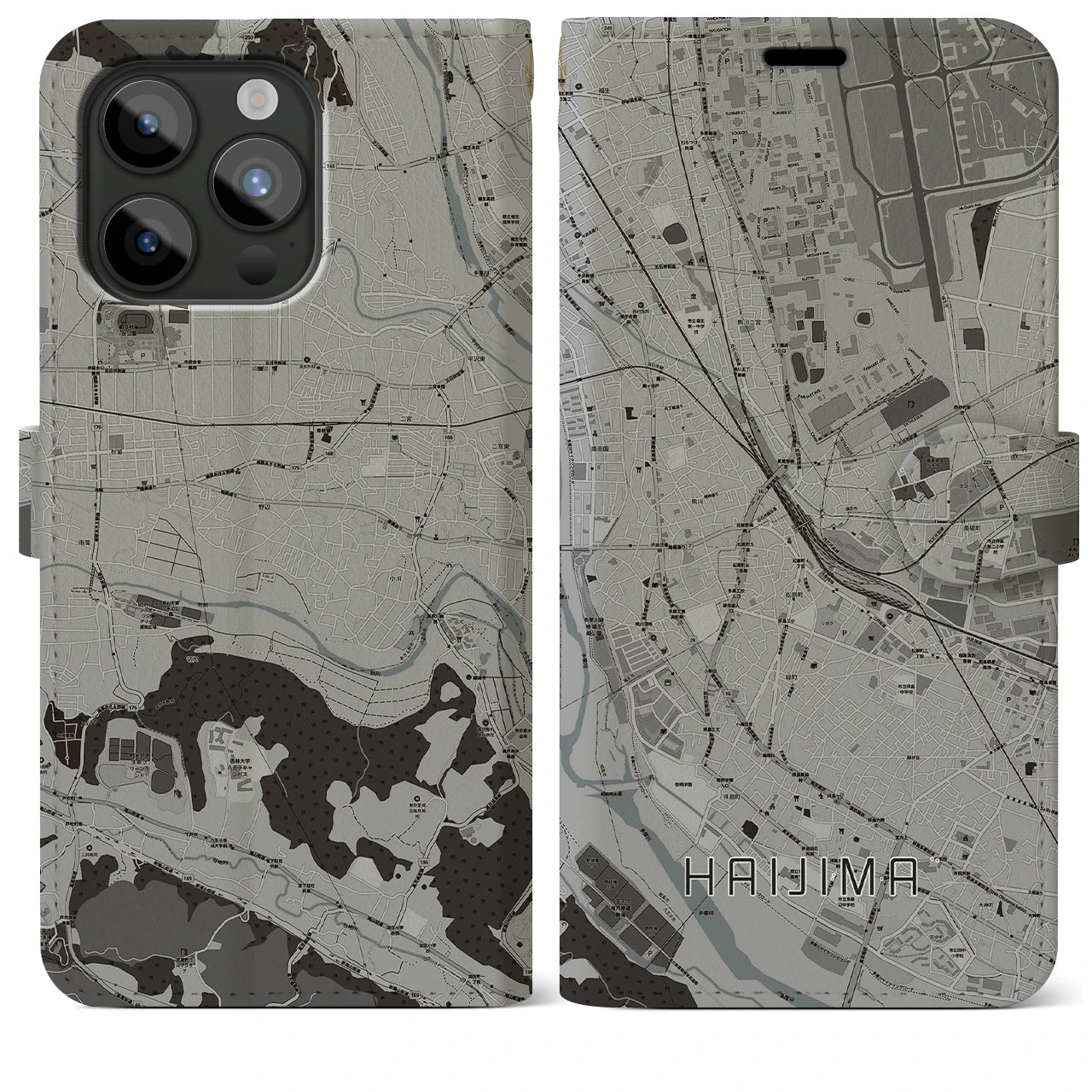 【拝島(東京都)】地図柄iPhoneケース(手帳タイプ)モノトーン・iPhone 15 Pro Max 用