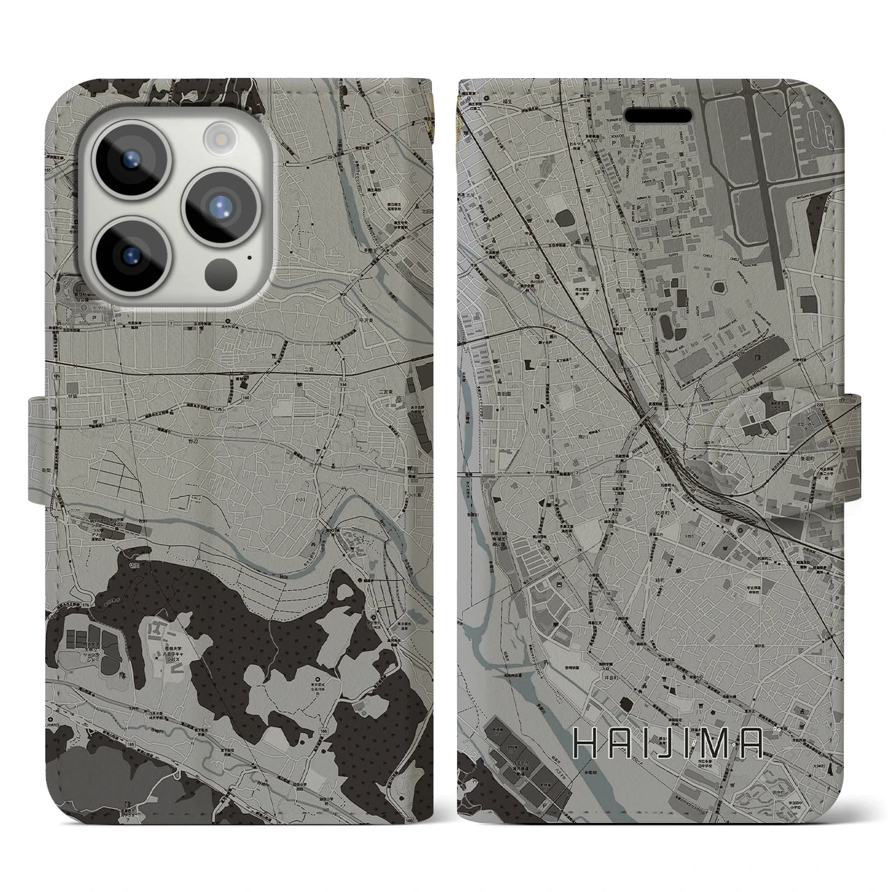【拝島(東京都)】地図柄iPhoneケース(手帳タイプ)モノトーン・iPhone 15 Pro 用