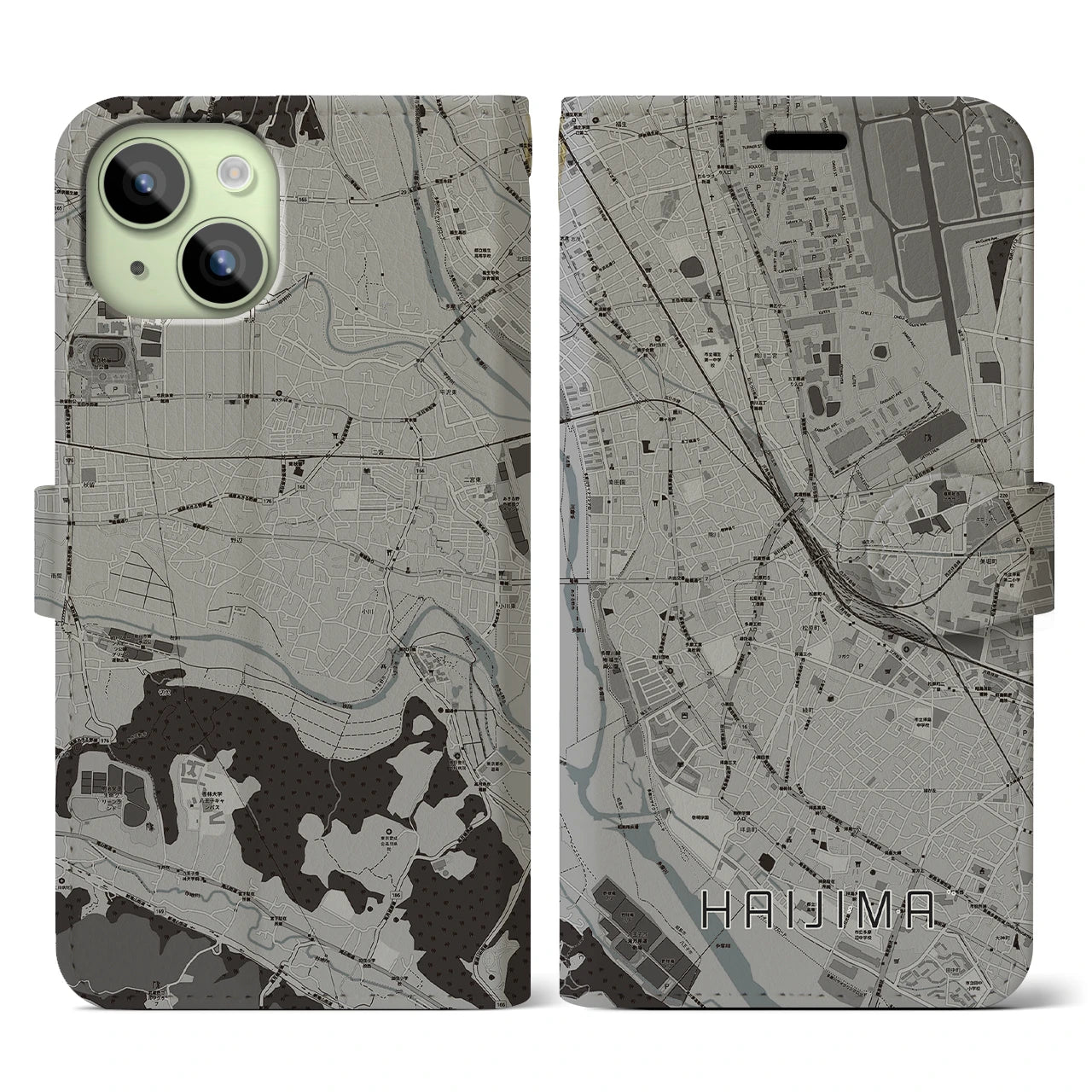 【拝島(東京都)】地図柄iPhoneケース(手帳タイプ)モノトーン・iPhone 15 用