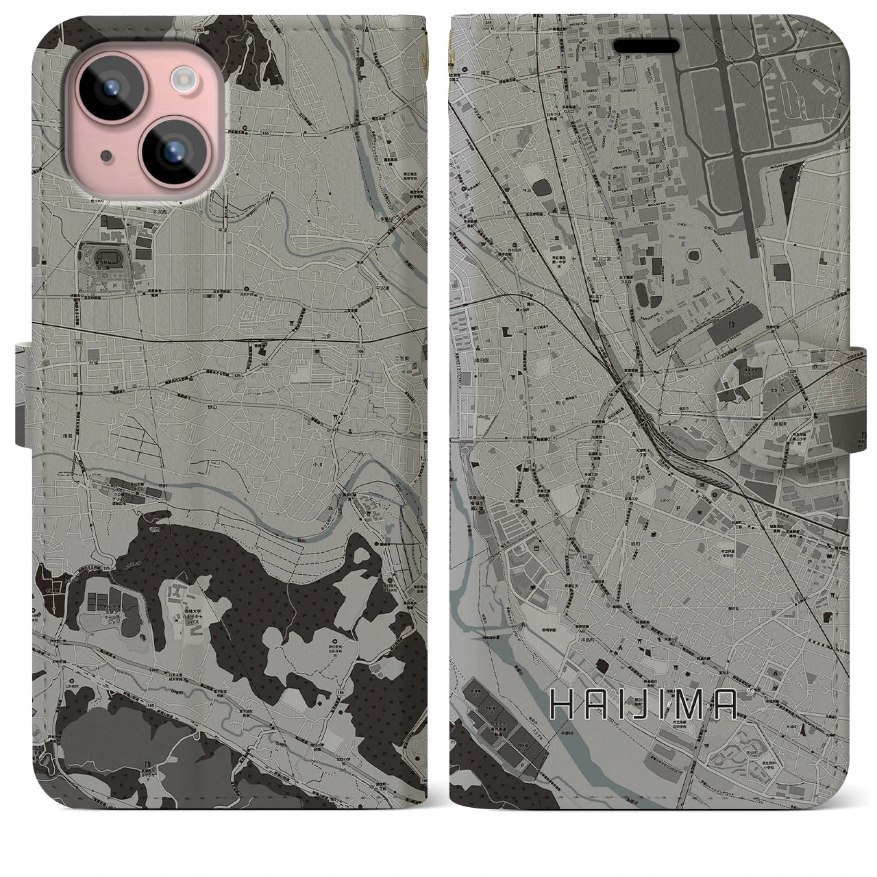 【拝島(東京都)】地図柄iPhoneケース(手帳タイプ)モノトーン・iPhone 15 Plus 用