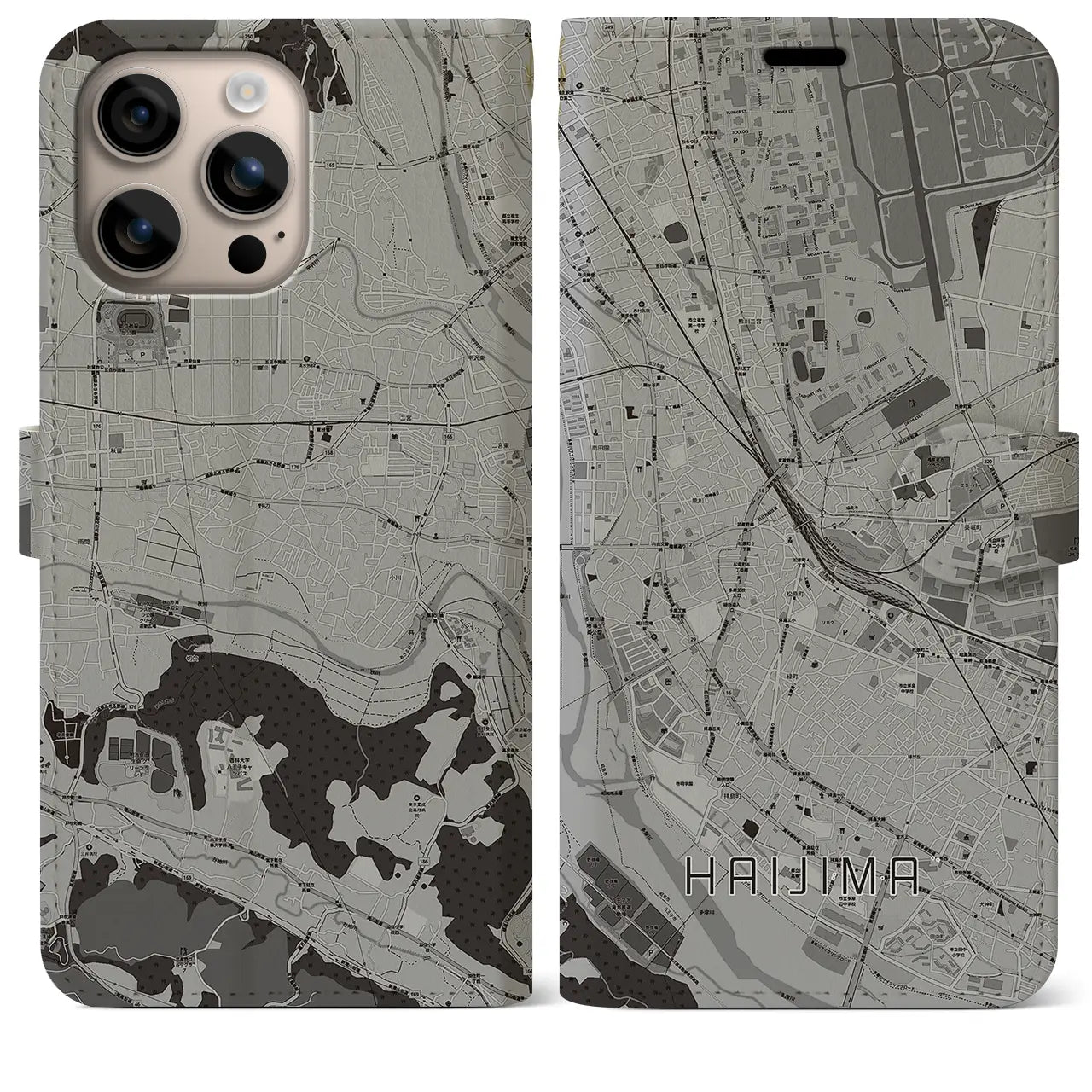 【拝島(東京都)】地図柄iPhoneケース(手帳タイプ)モノトーン・iPhone 16 Plus 用