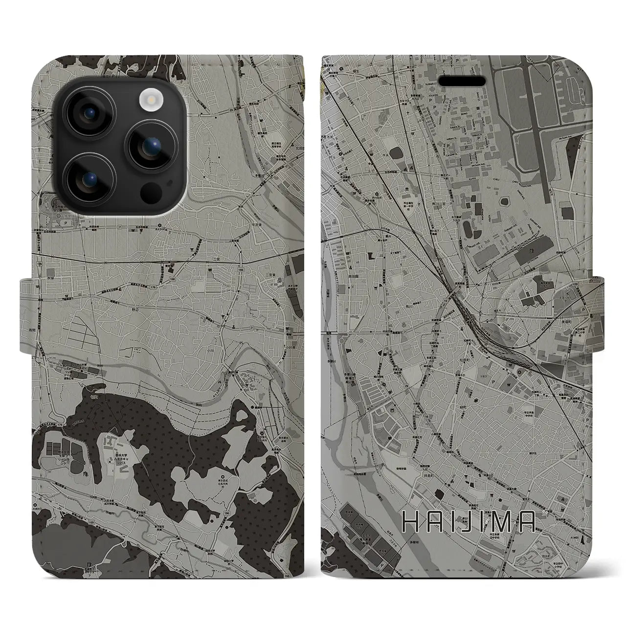 【拝島(東京都)】地図柄iPhoneケース(手帳タイプ)モノトーン・iPhone 16 用