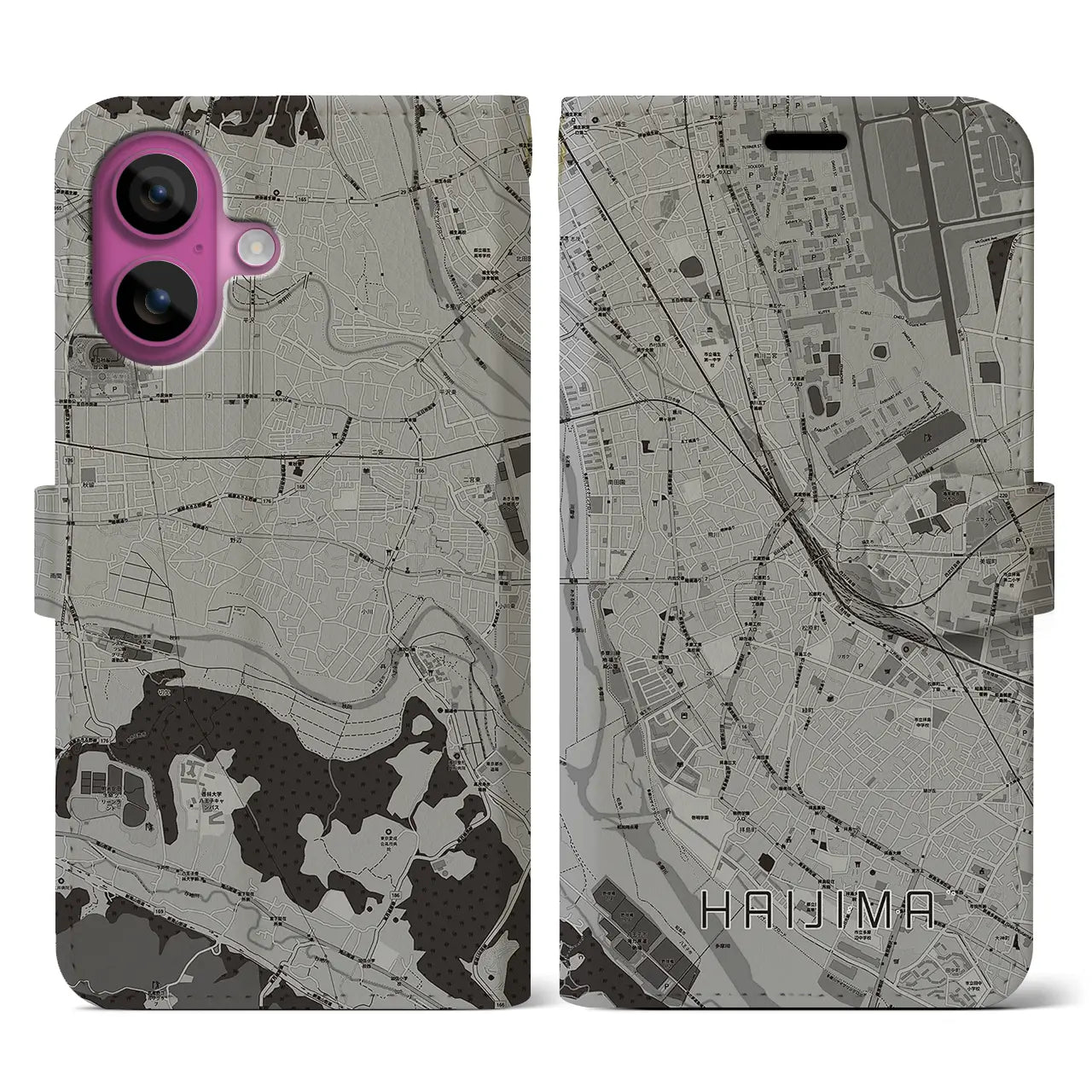 【拝島(東京都)】地図柄iPhoneケース(手帳タイプ)モノトーン・iPhone 16 Pro 用