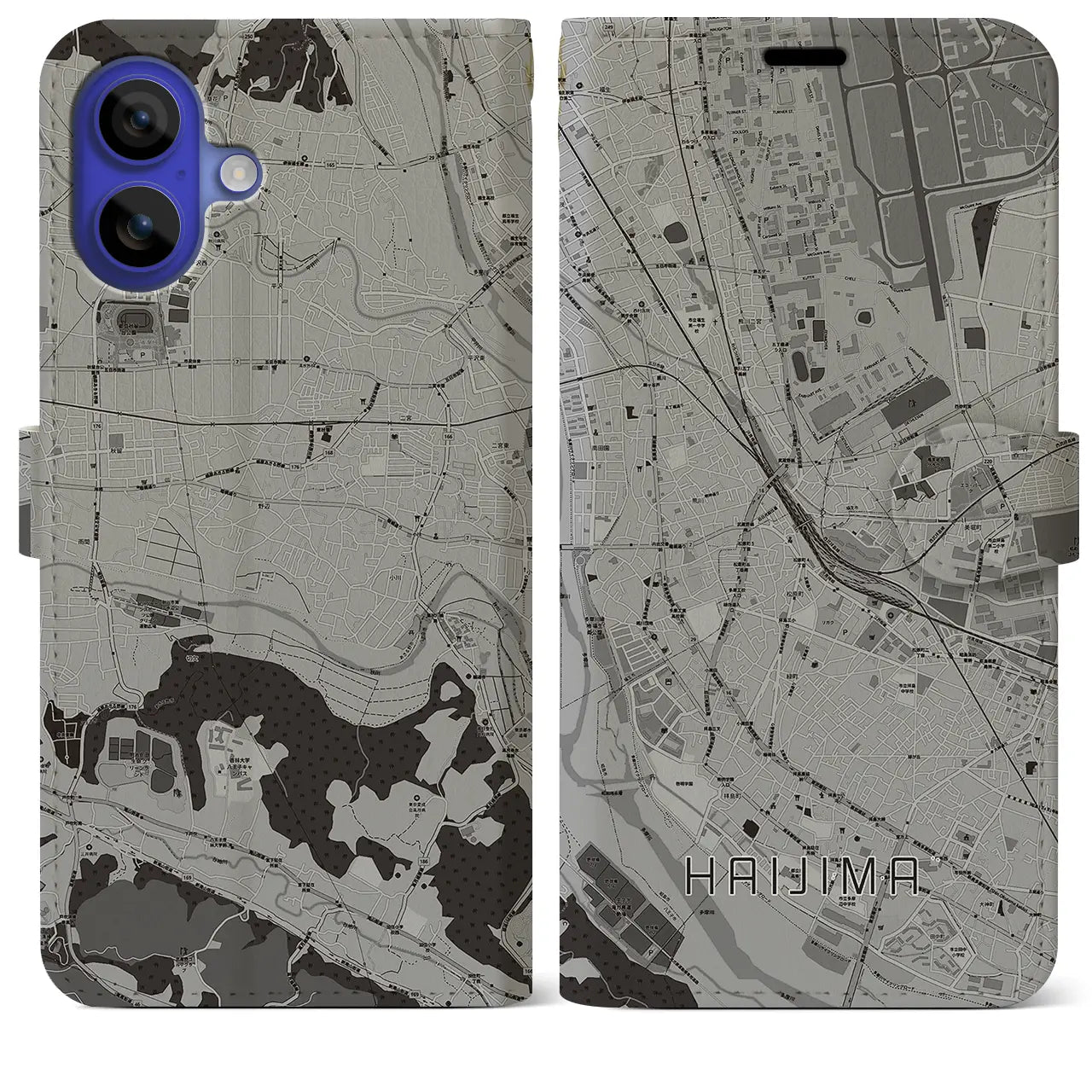 【拝島(東京都)】地図柄iPhoneケース(手帳タイプ)モノトーン・iPhone 16 Pro Max 用