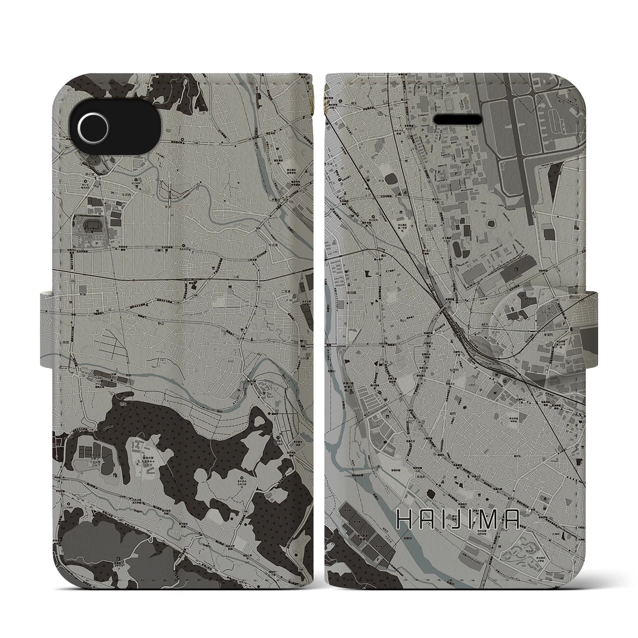 【拝島(東京都)】地図柄iPhoneケース(手帳タイプ)モノトーン・iPhone SE(第3 / 第2世代) / 8 / 7 / 6s / 6 用
