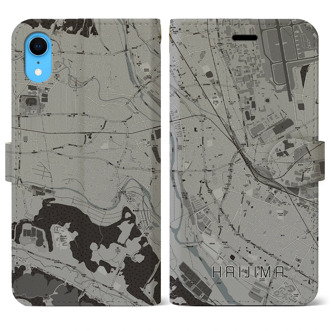 【拝島(東京都)】地図柄iPhoneケース(手帳タイプ)モノトーン・iPhone XR 用