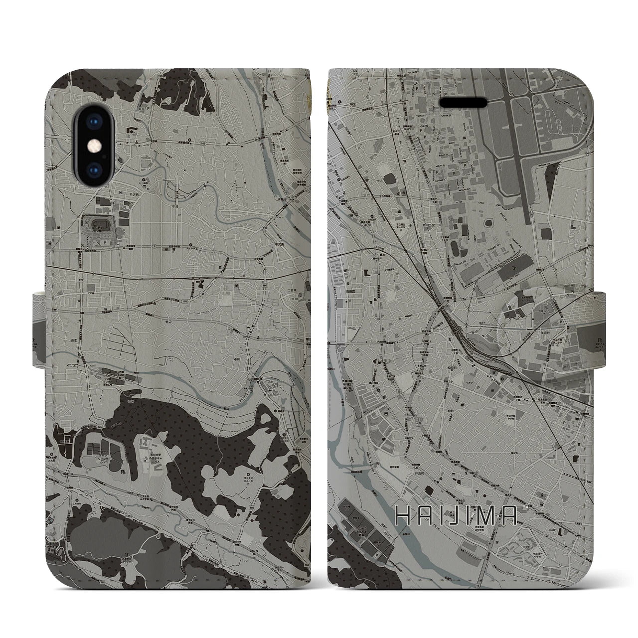 【拝島(東京都)】地図柄iPhoneケース(手帳タイプ)モノトーン・iPhone XS / X 用
