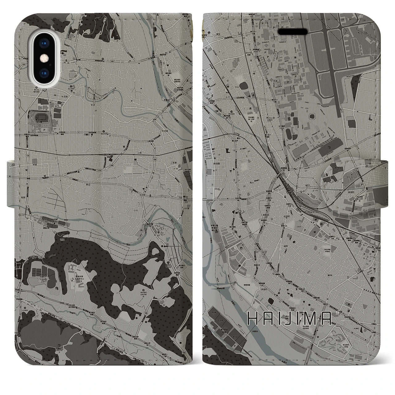 【拝島(東京都)】地図柄iPhoneケース(手帳タイプ)モノトーン・iPhone XS Max 用