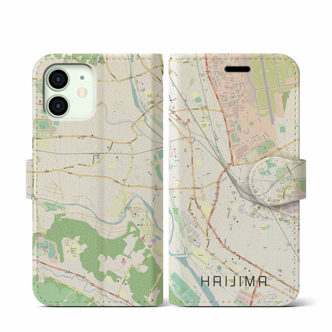 【拝島(東京都)】地図柄iPhoneケース(手帳タイプ)ナチュラル・iPhone 12 mini 用