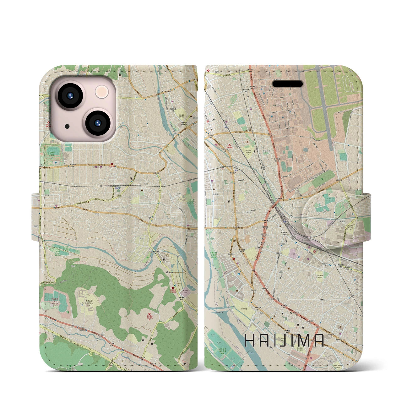 【拝島(東京都)】地図柄iPhoneケース(手帳タイプ)ナチュラル・iPhone 13 mini 用
