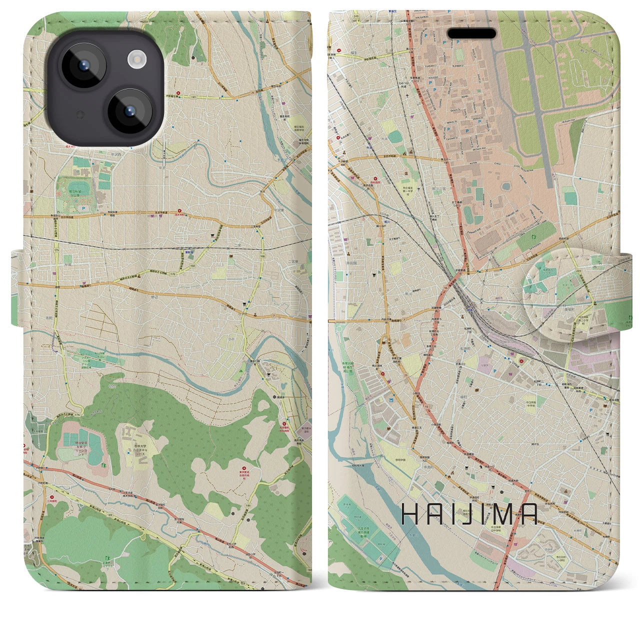 【拝島(東京都)】地図柄iPhoneケース(手帳タイプ)ナチュラル・iPhone 14 Plus 用