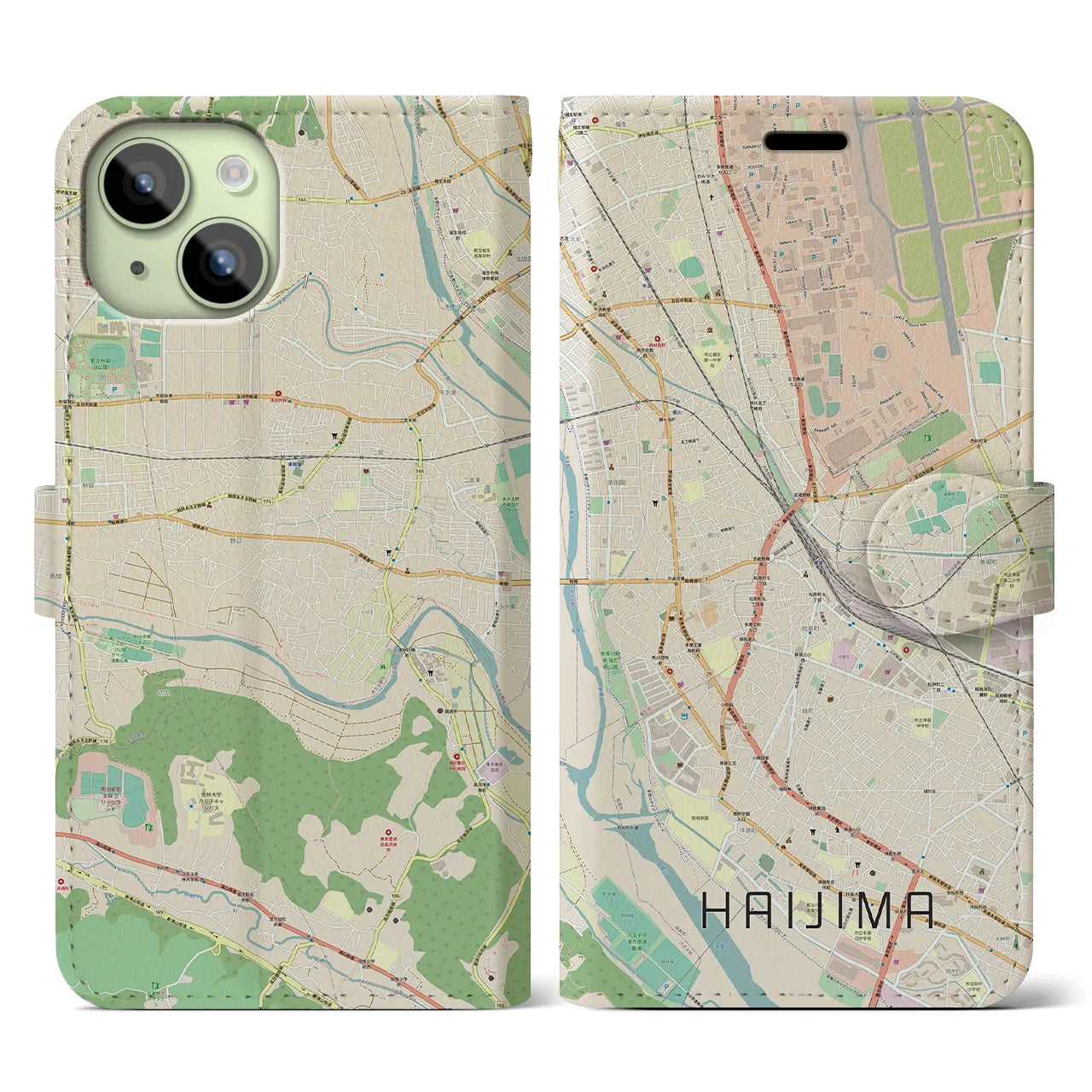 【拝島(東京都)】地図柄iPhoneケース(手帳タイプ)ナチュラル・iPhone 15 用