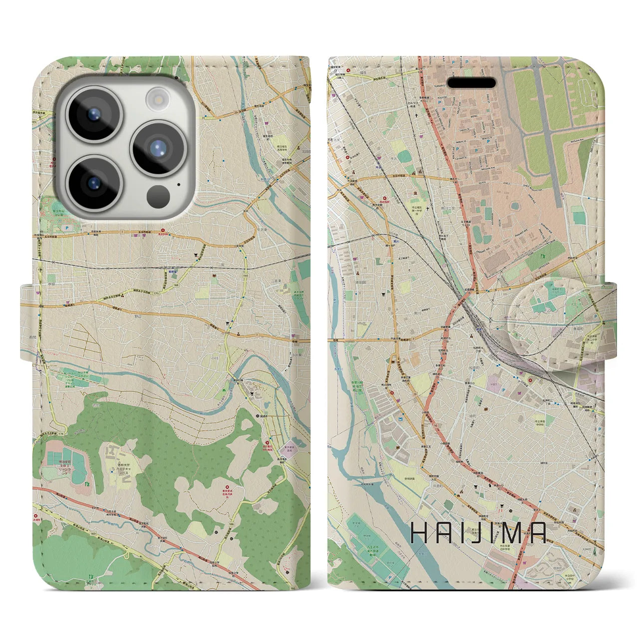 【拝島(東京都)】地図柄iPhoneケース(手帳タイプ)ナチュラル・iPhone 15 Pro 用