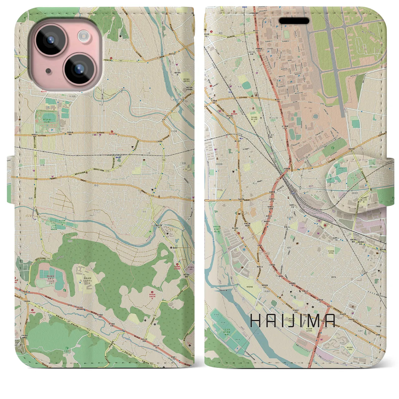 【拝島(東京都)】地図柄iPhoneケース(手帳タイプ)ナチュラル・iPhone 15 Plus 用
