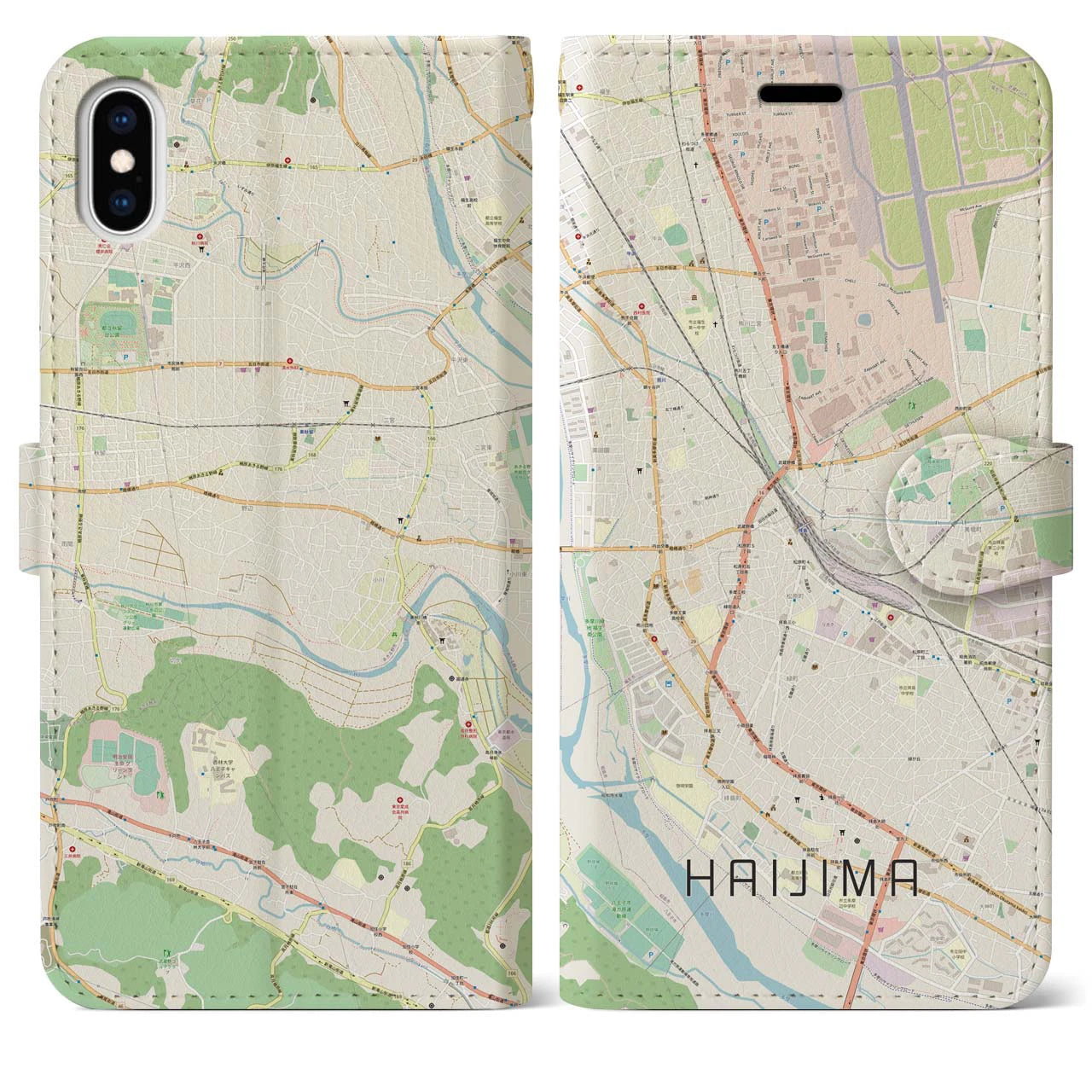 【拝島(東京都)】地図柄iPhoneケース(手帳タイプ)ナチュラル・iPhone XS Max 用