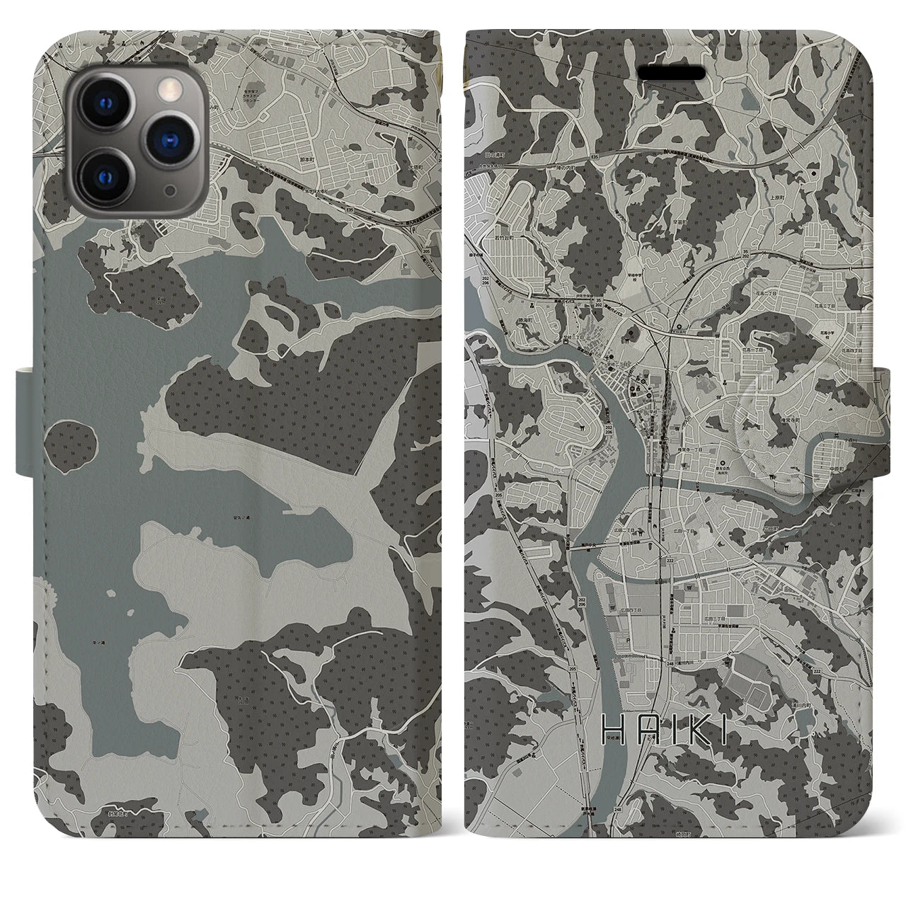 【早岐(長崎県)】地図柄iPhoneケース(手帳タイプ)モノトーン・iPhone 11 Pro Max 用