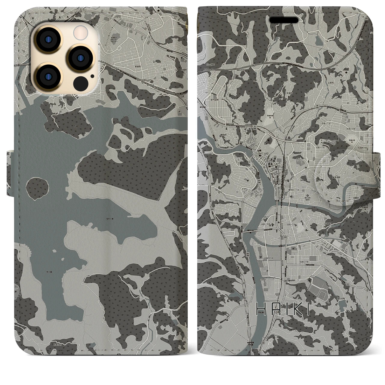 【早岐(長崎県)】地図柄iPhoneケース(手帳タイプ)モノトーン・iPhone 12 Pro Max 用