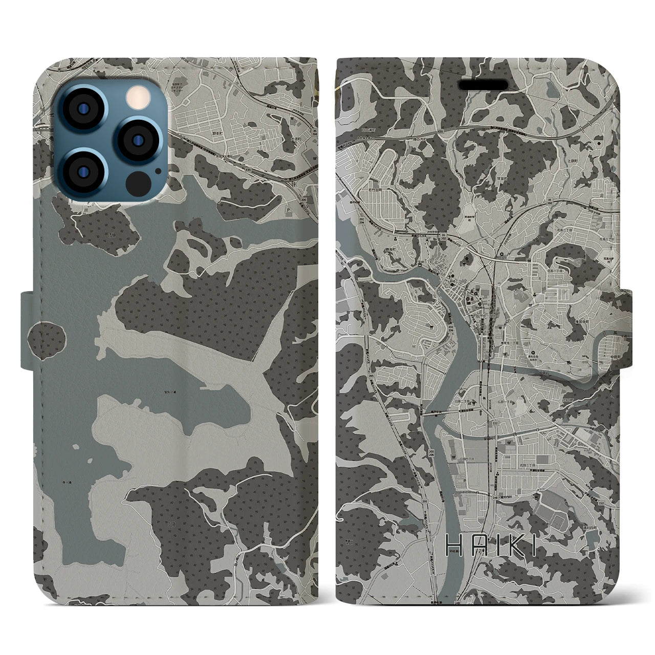 【早岐(長崎県)】地図柄iPhoneケース(手帳タイプ)モノトーン・iPhone 12 / 12 Pro 用