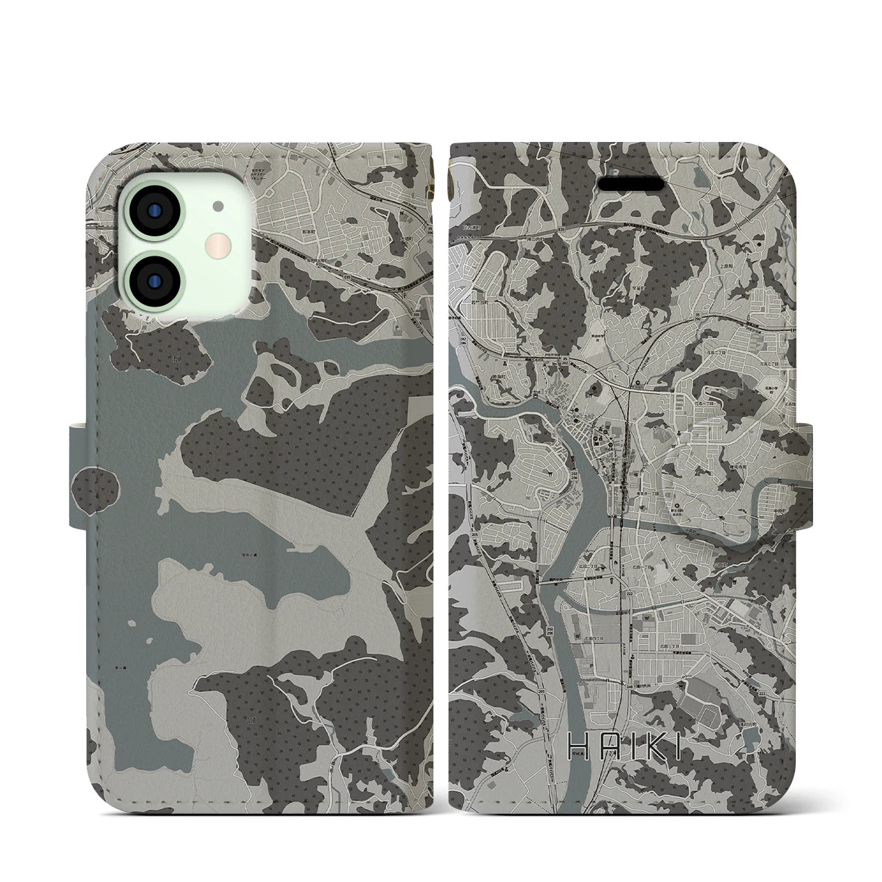 【早岐(長崎県)】地図柄iPhoneケース(手帳タイプ)モノトーン・iPhone 12 mini 用