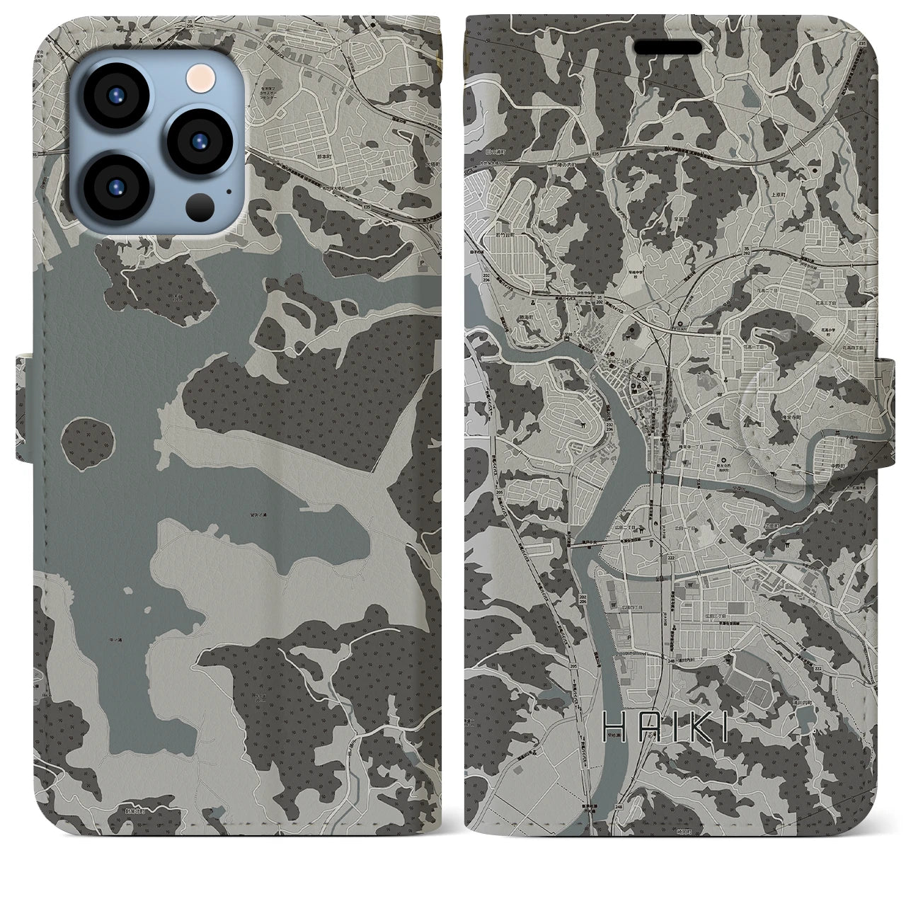 【早岐(長崎県)】地図柄iPhoneケース(手帳タイプ)モノトーン・iPhone 13 Pro Max 用