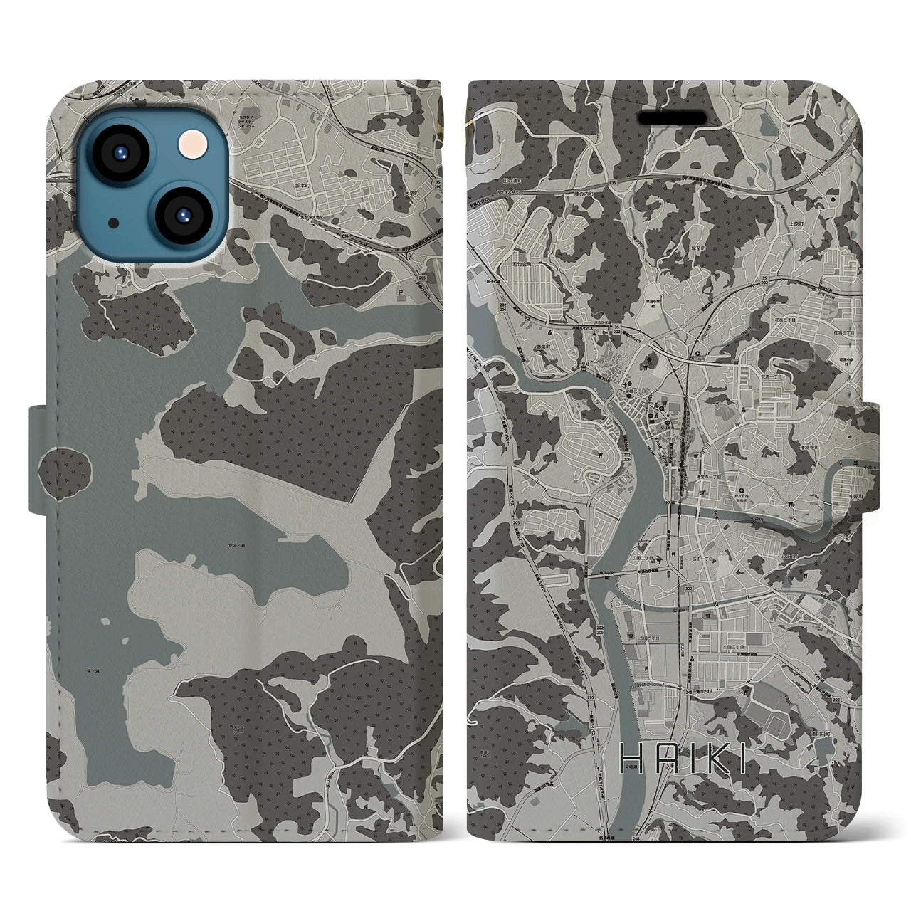 【早岐(長崎県)】地図柄iPhoneケース(手帳タイプ)モノトーン・iPhone 13 用