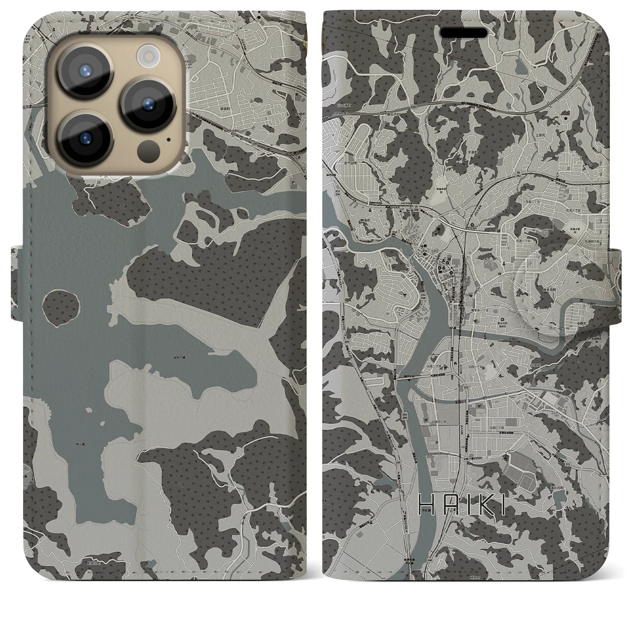 【早岐(長崎県)】地図柄iPhoneケース(手帳タイプ)モノトーン・iPhone 14 Pro Max 用