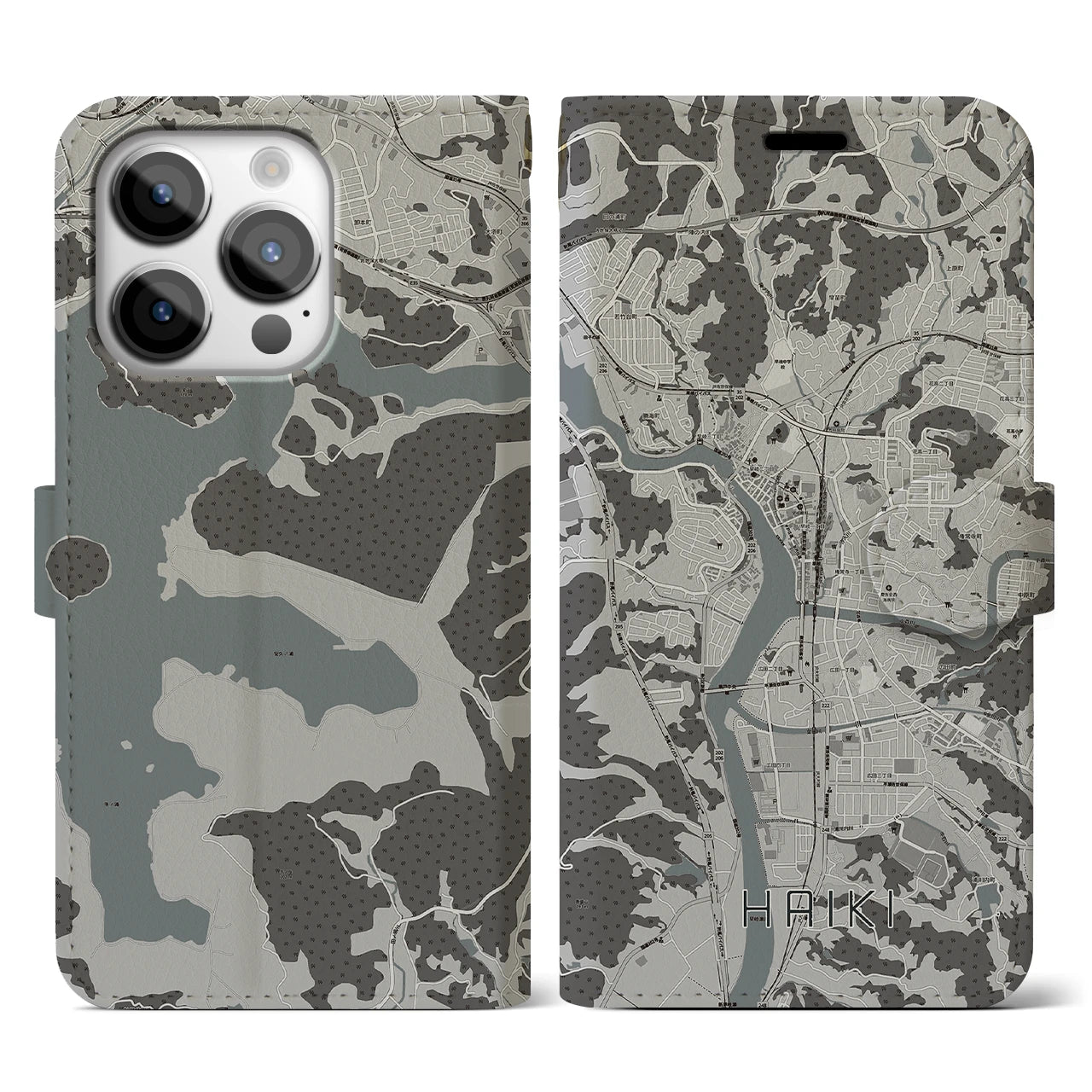 【早岐(長崎県)】地図柄iPhoneケース(手帳タイプ)モノトーン・iPhone 14 Pro 用