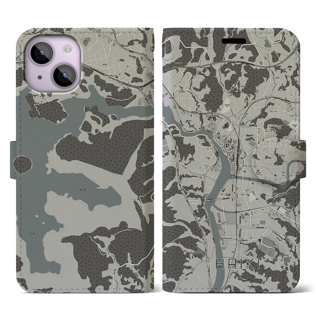 【早岐(長崎県)】地図柄iPhoneケース(手帳タイプ)モノトーン・iPhone 14 用