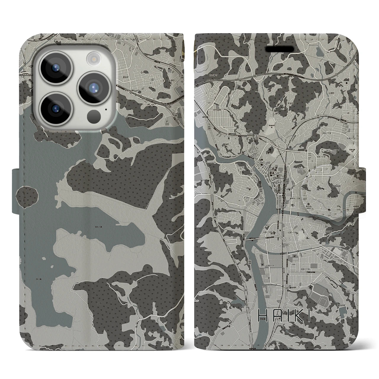 【早岐(長崎県)】地図柄iPhoneケース(手帳タイプ)モノトーン・iPhone 15 Pro 用