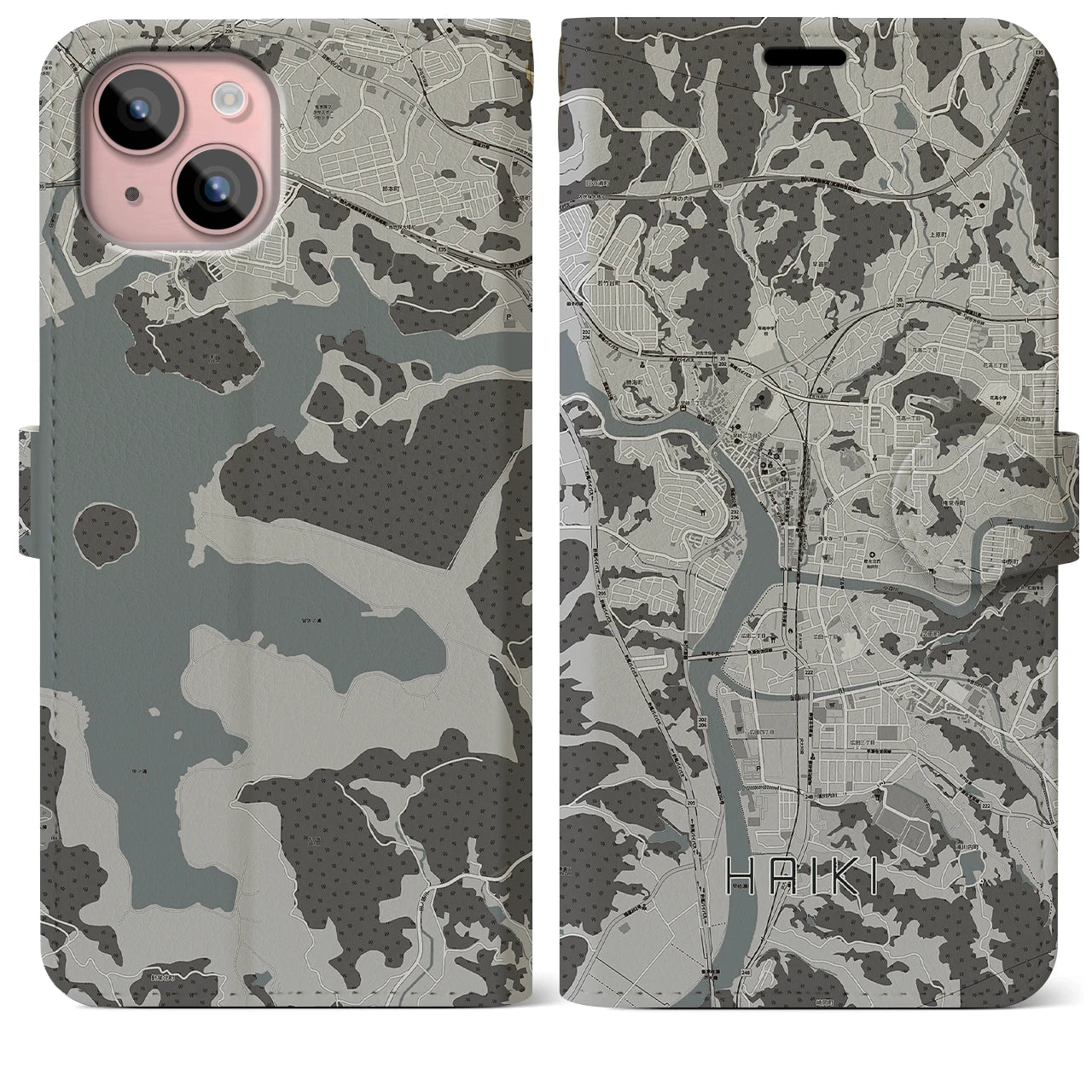 【早岐(長崎県)】地図柄iPhoneケース(手帳タイプ)モノトーン・iPhone 15 Plus 用