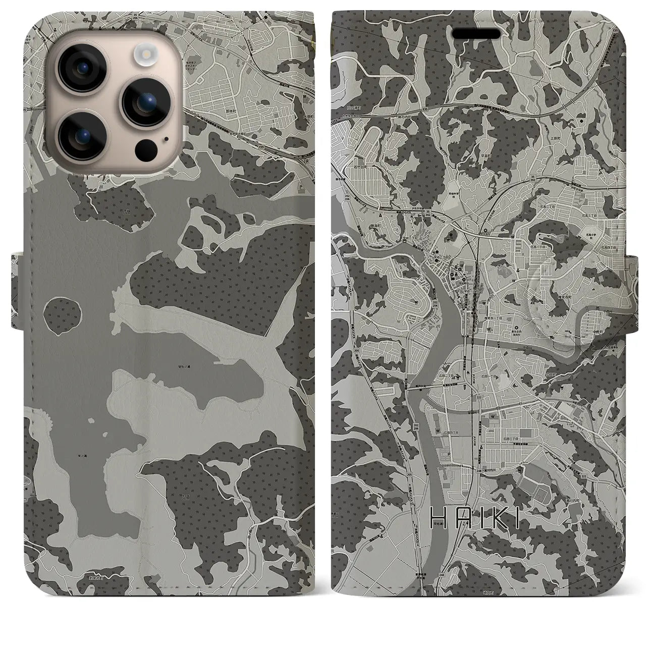 【早岐(長崎県)】地図柄iPhoneケース(手帳タイプ)モノトーン・iPhone 16 Plus 用