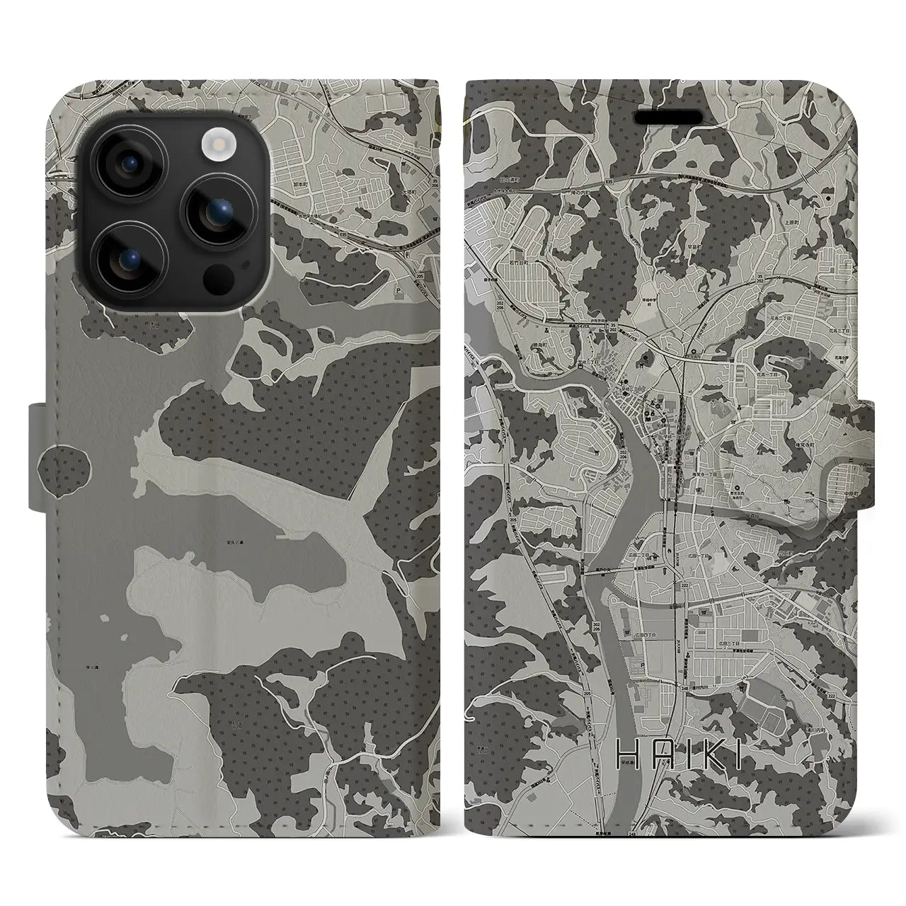 【早岐(長崎県)】地図柄iPhoneケース(手帳タイプ)モノトーン・iPhone 16 用