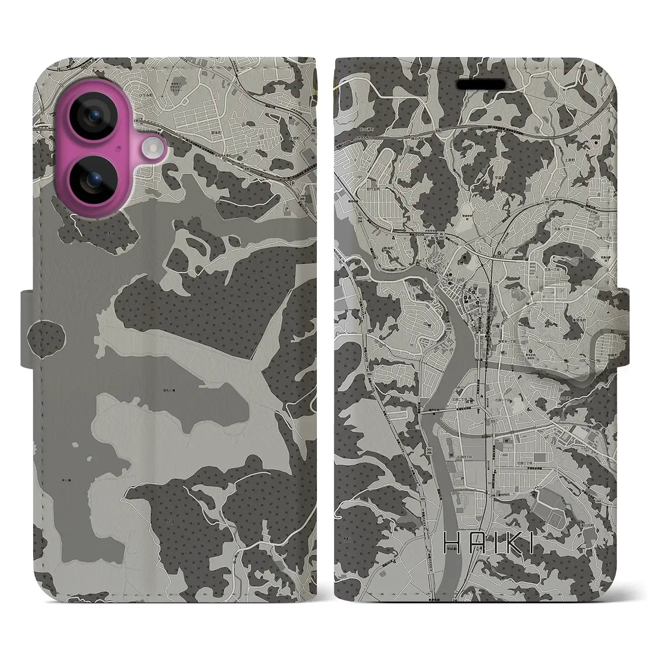 【早岐(長崎県)】地図柄iPhoneケース(手帳タイプ)モノトーン・iPhone 16 Pro 用