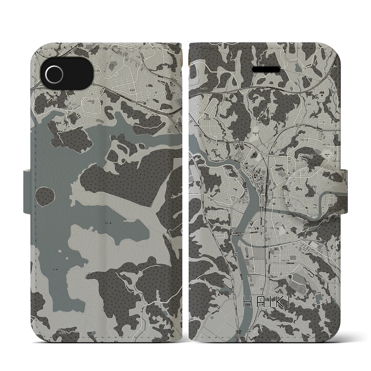 【早岐(長崎県)】地図柄iPhoneケース(手帳タイプ)モノトーン・iPhone SE(第3 / 第2世代) / 8 / 7 / 6s / 6 用