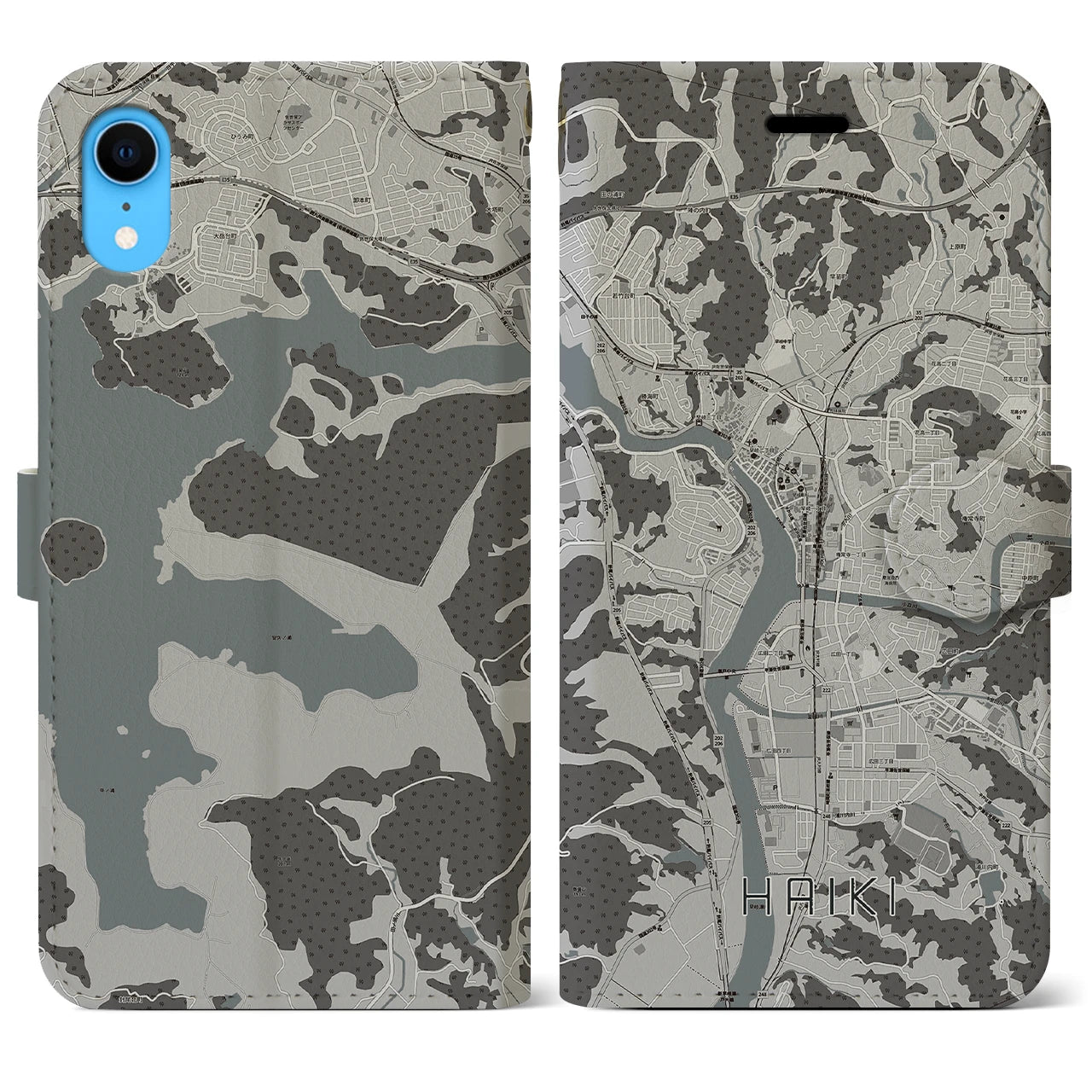 【早岐(長崎県)】地図柄iPhoneケース(手帳タイプ)モノトーン・iPhone XR 用