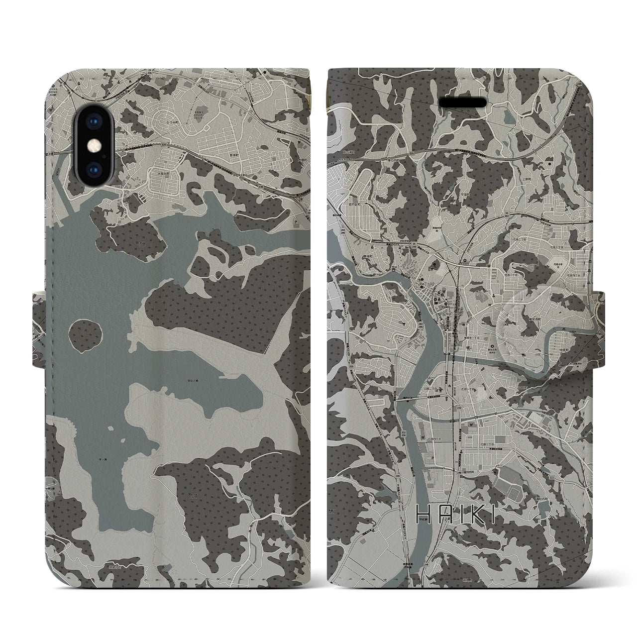 【早岐(長崎県)】地図柄iPhoneケース(手帳タイプ)モノトーン・iPhone XS / X 用