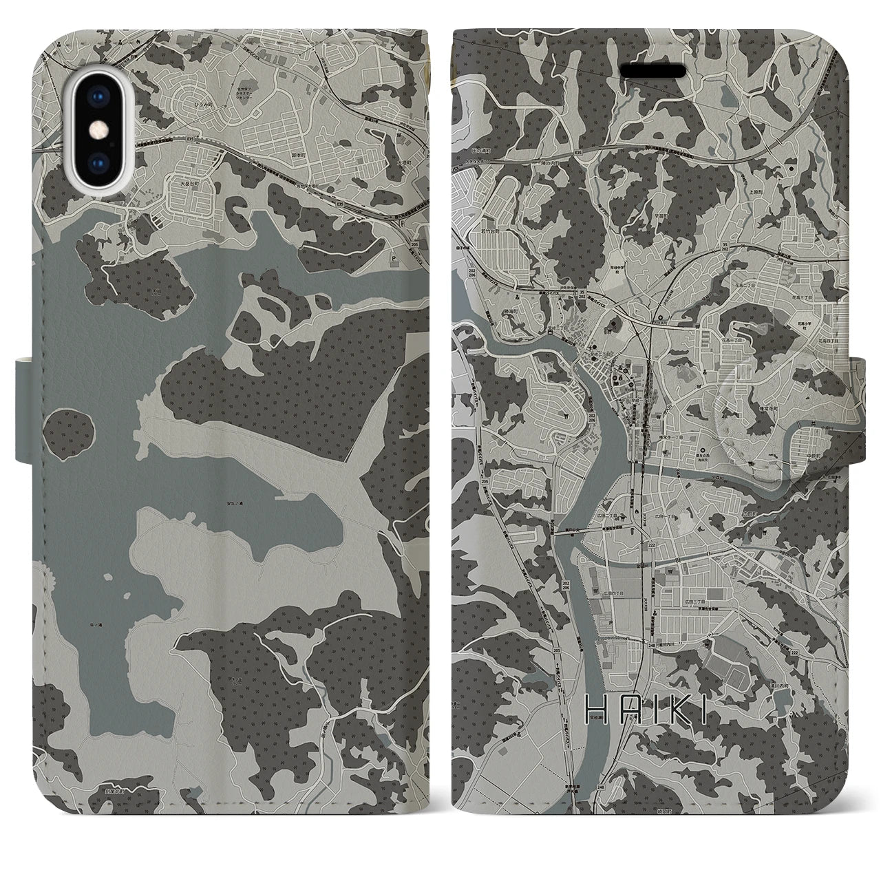 【早岐(長崎県)】地図柄iPhoneケース(手帳タイプ)モノトーン・iPhone XS Max 用